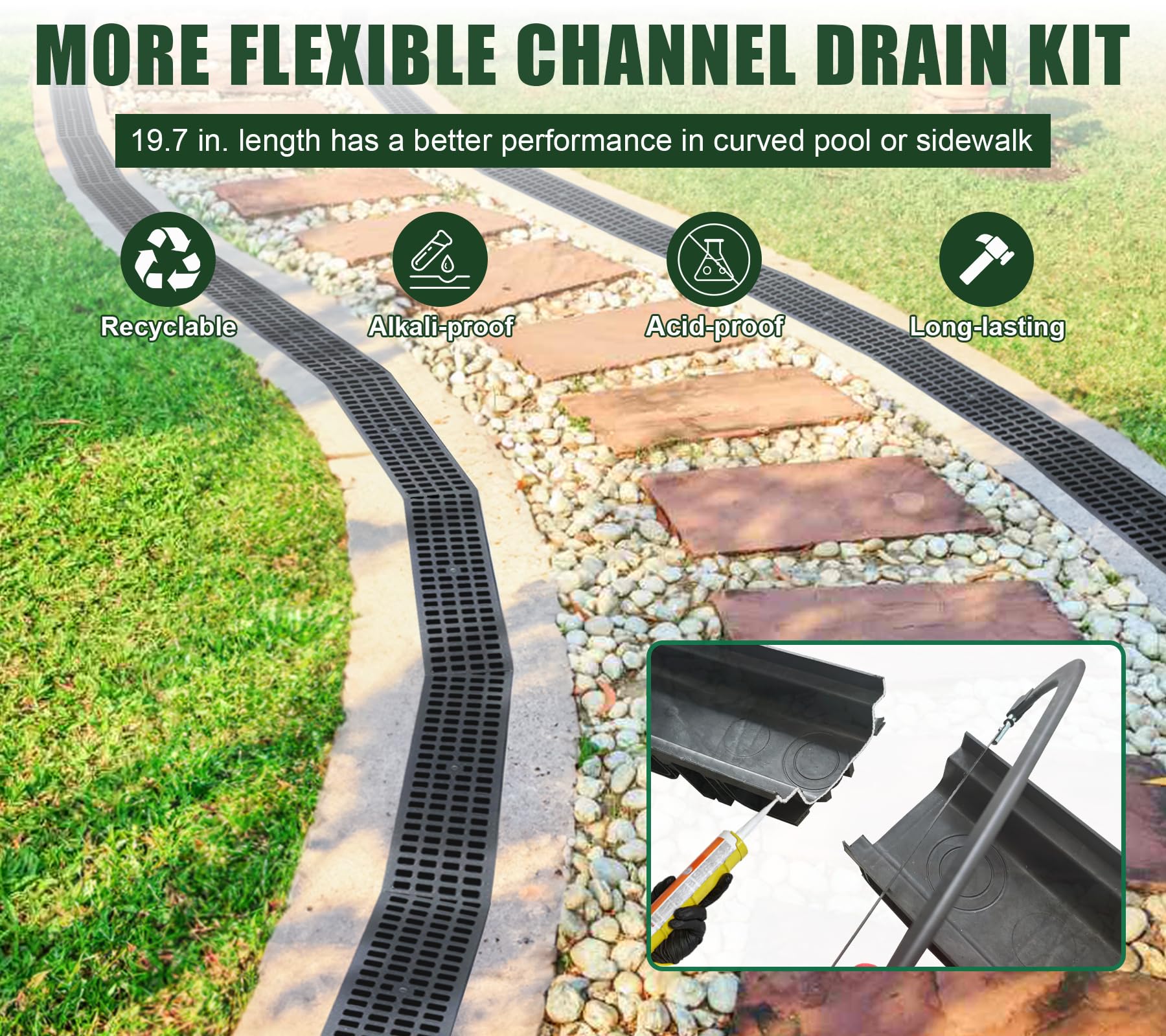 Channel Drain System 6-Pack – 19.7"L Shallow Trench Drain With HDPE Grate For Driveway, Garage, Concrete