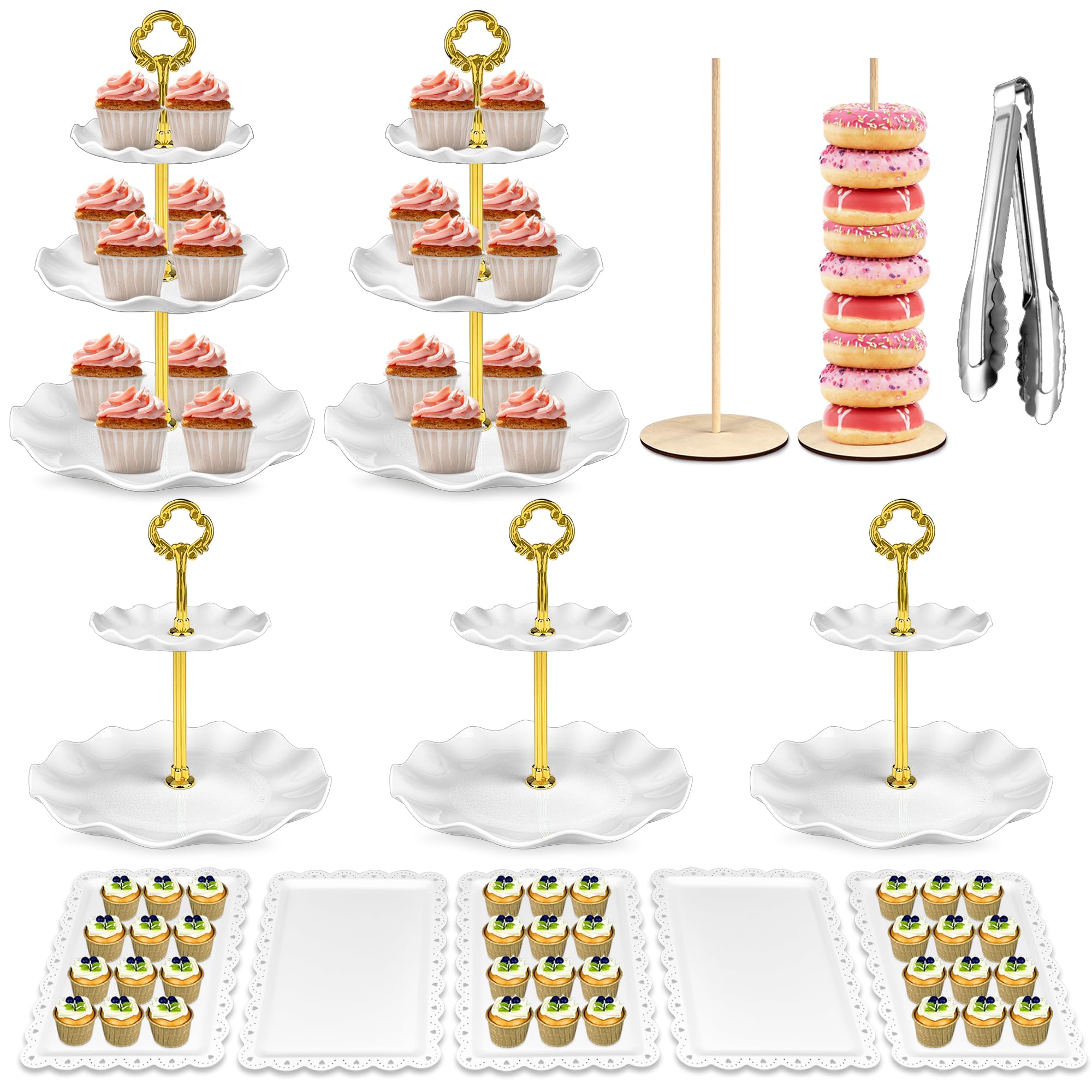 Photo 1 of 14 PCS Cupcake Stand Set 3 x Two-Tier and 2 x Three-Tier Cupcake Stands 2 x Donut Stands 5 x Appetizer Trays with 2 x Tongs Dessert Table Display Set for Birthday Wedding Baby Shower Tea Party