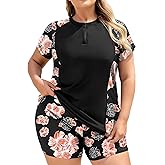 COOTRY Plus Size Two Piece Rash Guard Women Short Sleeve Bathing Suit Zip Up Swimsuit Built in Bra Swim Suit Swimwear