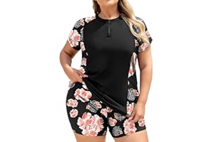 COOTRY Plus Size Two Piece Rash Guard Women Short Sleeve Bathing Suit Zip Up Swimsuit Built in Bra Swim Suit Swimwear Orange Floral 2XL