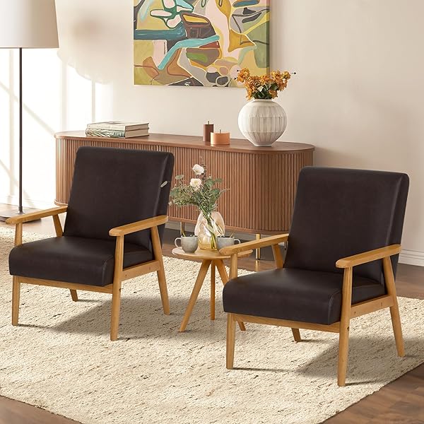COLAMY PU LEATHER ACCENT CHAIR SET OF 2 FOR LIVING ROOM, MID CENTURY MODERN RELAXING ARMCHAIR WITH SOLID WOOD FRAME & SOFT CUSHION（BROWN