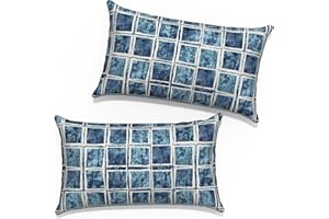 TWLEAR Outdoor Lumbar Pillow Covers 12”x20”, Rectangle Throw Pillow Covers for Patio Furniture, Decorative Lumbar Cushion Case for Garden Balcony Couch Office Chair, Pack of 2,Denim Blue Checkered