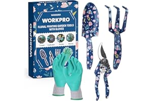 WORKPRO Aluminum Garden Tool Set, 4PCS Heavy Duty Hand Garden Tools with Box Include Trowel, Rake, Pruner, Garden Gloves, Floral and Insect Printing, Garden Gifts