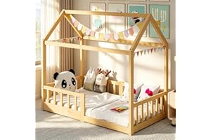 DoCred House Floor Bed, Wooden Montessori Bed with Fence and Roof,House Bed Frame, Playhouse Crib Bed Frame for Kids Teens, G