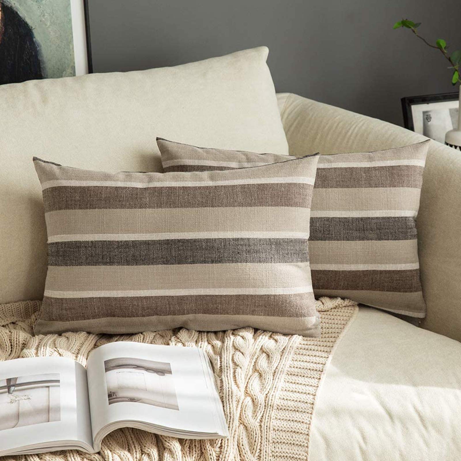 MIULEE Linen Cushion Covers Stripe Throw Pillow Case Square Coastal Home for Sofa Chair Couch Livingroom Bedroom Neutral Decorative Pillowcase 12x20inch 30x50cm Pack of 2 Coffee