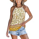 Women's Floral Top High Neck Boho Sleeveless Shirt Loose Fit Summer Beach Vacation Tank Top