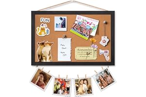 Miratino Cork Board Bulletin Board, 16 x 11 Inches Wooden Frame Pin Board, Cute Cork Boards for Walls Hanging for Office, Home Decor, School (Pins, Clips, Strings) Black