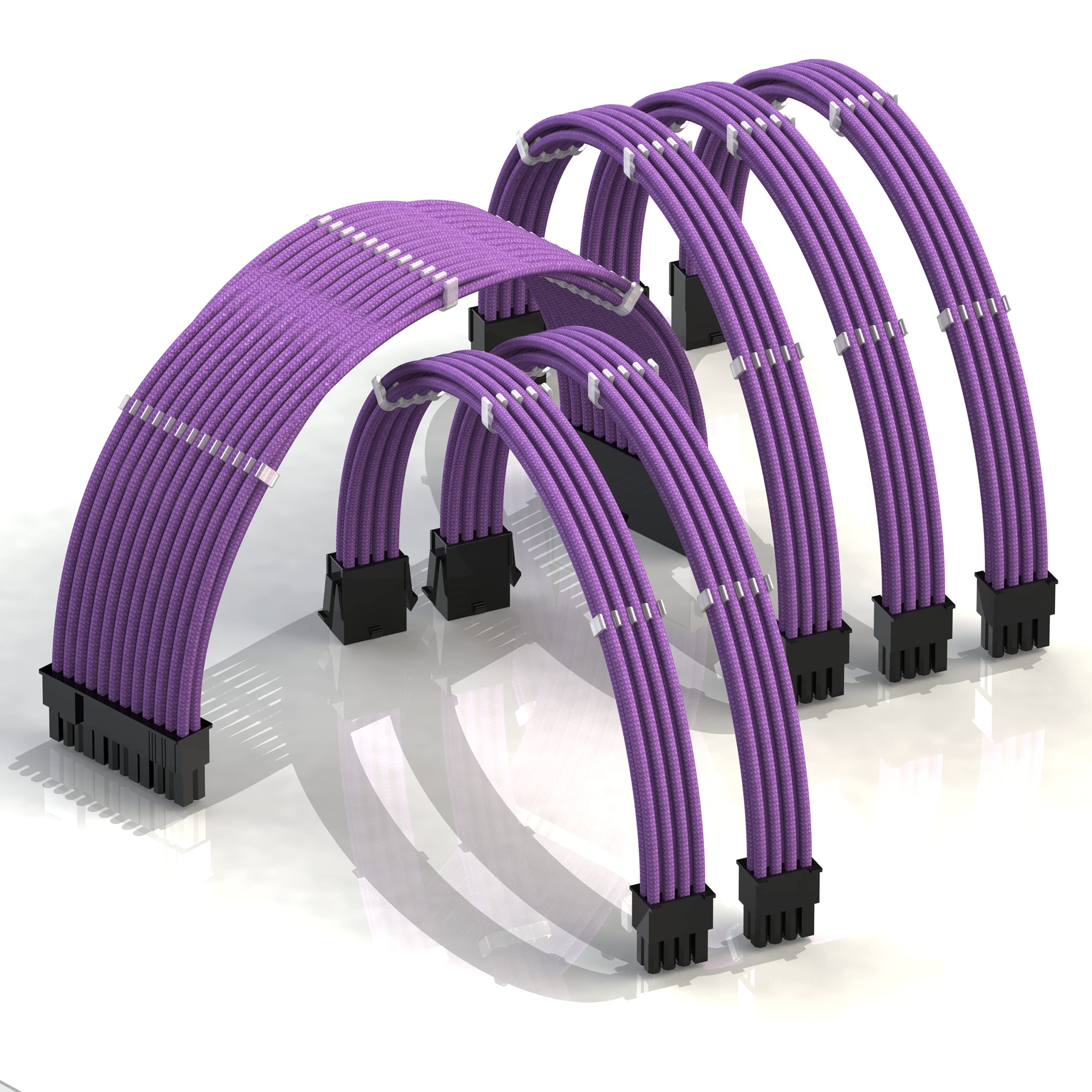 LINKUP - AVA 30cm PSU Cable Extension Sleeved Custom Mod GPU PC Braided w/Comb Kit - Compatible with RTX3090 | 1 x 24 P (20+4) | 2 x 8 P (4+4) CPU | 3 x 8 P (6+2) GPU set | 300mm - Purple