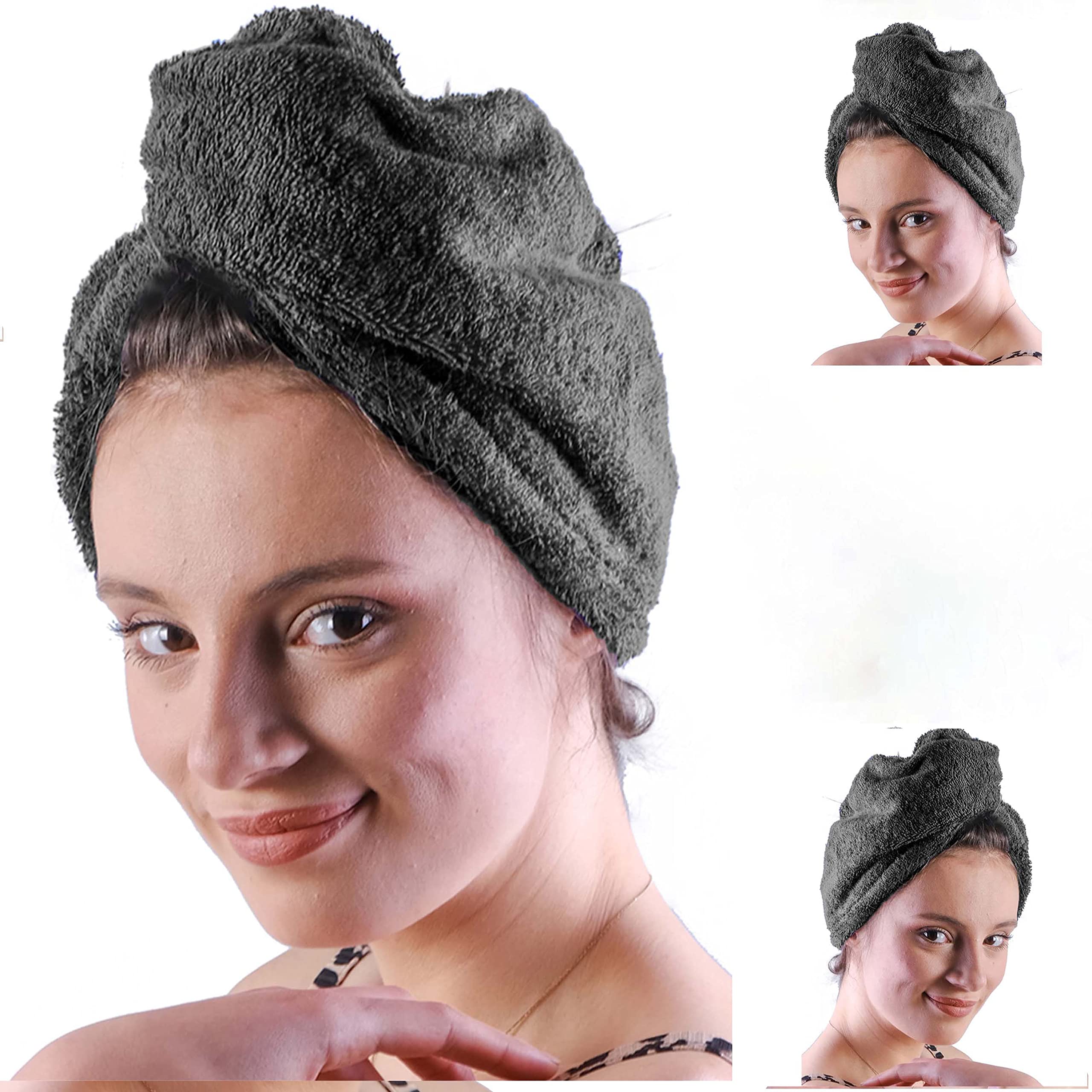 LLAMAXY 100% Pure Organic Cotton Hair Towel - Quick Dry Turban Wrap for Adults and Children - 2 Pack Grey