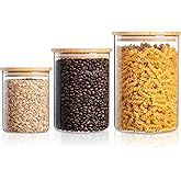 Amisglass Glass Storage Containers with Wooden Lids, Airtight Jar for Kitchen Countertop Set of 3, Pantry Flour and Sugar Canisters for Candy, Cookie, Rice, Coffee Beans, Snacks, Spices