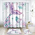 ArtSocket Pink Mermaid Tail Scales Bathroom Set with Shower Curtain and Rugs Accessories Sea Turtle Seahorse Octopus Conch Shower Curtain Set Cute Summer Bathroom Decor 4 Pcs