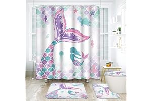 ArtSocket Pink Mermaid Tail Scales Bathroom Set with Shower Curtain and Rugs Accessories Sea Turtle Seahorse Octopus Conch Shower Curtain Set Cute Summer Bathroom Decor 4 Pcs