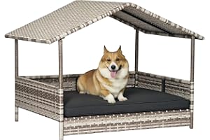PawHut Rattan Dog House Outdoor with Canopy, Wicker Dog Bed with Water-Resistant Cushion, for Small and Medium Breeds Dark Gr