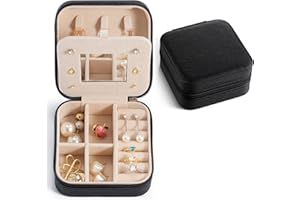 PEWMOG Small Travel Jewelry Case, To Go Portable Jewelry Box, Travel Jewelry Organizer,Portable Jewellery Storage Holder for Rings Earrings Necklace, Gifts for Girls Women with Mirror -Black