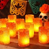 Tuanse 24 Pcs Day of The Dead Votive Candles Holders Wraps Gift, Classic | Día De Los Muertos Marigold LED Tea Light, Halloween Paper Candle Holder, Altar Party Decoration for Mexican, Home Supply