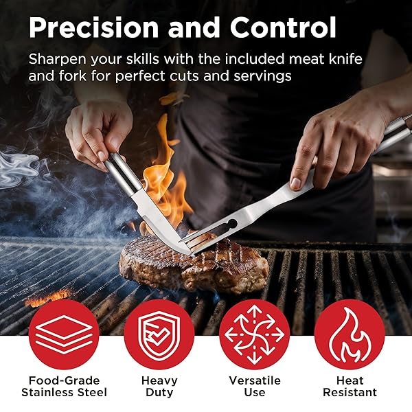 KALUNS GRILLING ACCESSORIES, DAD GIFTS FOR FATHERS DAY, HEAVY DUTY STAINLESS STEEL GRILL SET BBQ GRILL ACCESSORIES FOR OUTDOOR GRILL WITH MEAT THERMOMETER, CASE AND APRON