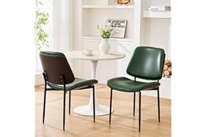 Viroformo Dining Chairs Set of 2, Upholstered PU Leather Armless Chair, Mid Century Modern Dining Room Chairs, Retro Walnut Bentwood Kitchen Chair with Metal Legs and Adjustable Feet, Green