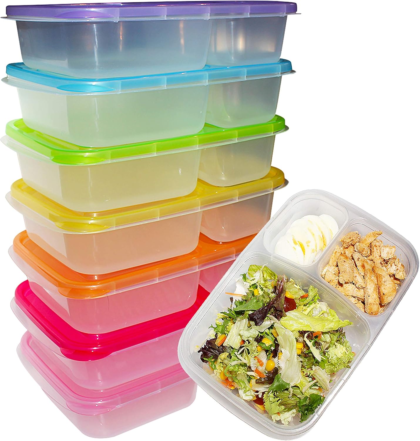 Kurtzy Bento Lunch Box (7 Pack) 3 Compartment Meal Prep Containers