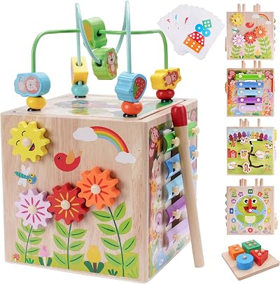KMTJT Wooden Activity Cube Montessori Toys 7 in 1 for 1-3 Year Olds