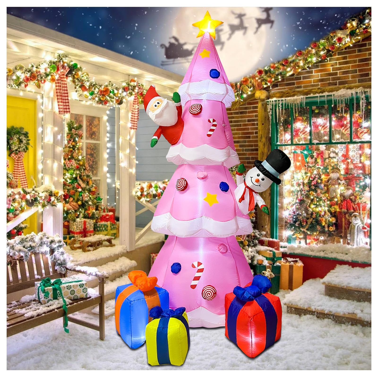 Photo 1 of 9FT Inflatable Christmas Tree, Pink Christmas Tree with Santa Claus & Snowman, Gift Box, Christmas Inflatable Blow Up Yard Decorations with Built-in LED Lights for Xmas Holiday Party Yard Garden Decor