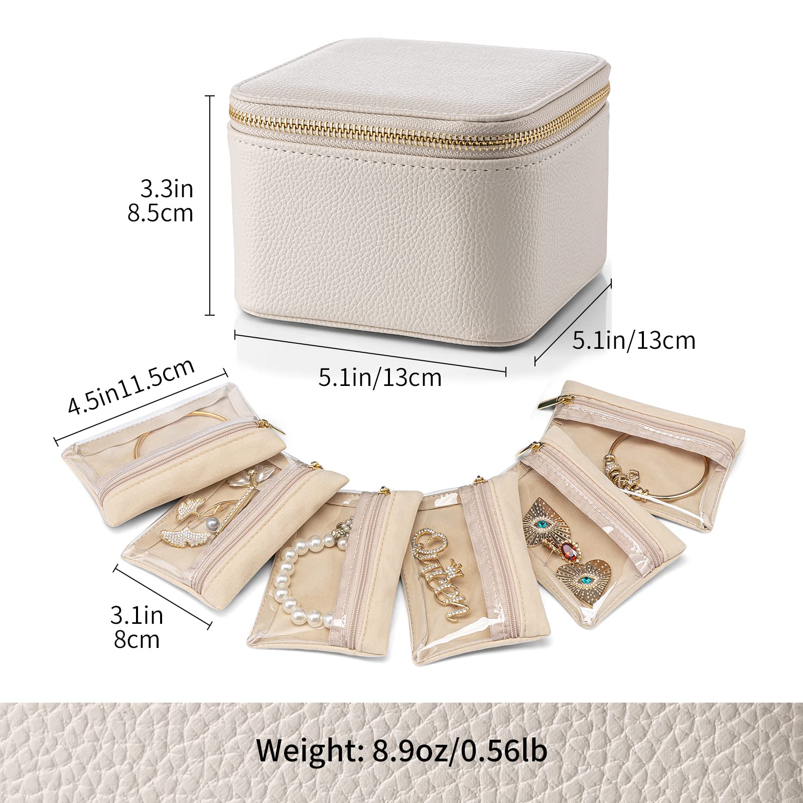 Vlando Travel Jewelry Case,Small Jewelry Box Organizer,Travel Jewelry Storage with 6 Velvet Jewelry Zipper Pockets, Birthday Gifts for Women Girls (White)