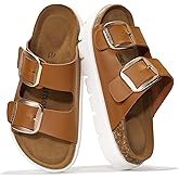 Project Cloud 100% Genuine Leather Platform Sandals Women Footwear - Wedge Chunky Slides for Women 2026 with Memory Foam Insole & Cork Footbed Womens Sandals (GreeceChunky)