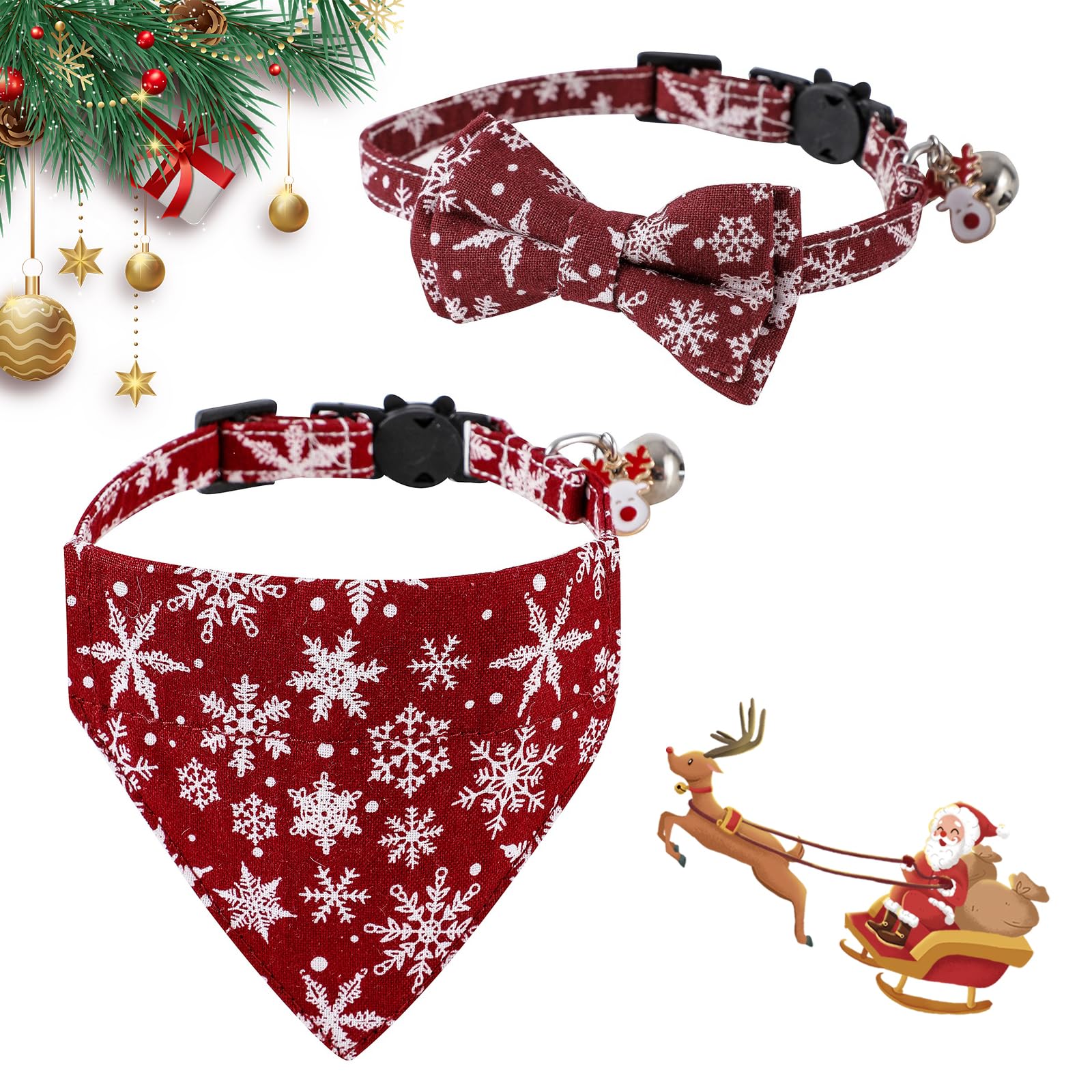 2 Piece Christmas Dog Adjustable Snowflake Triangle Dog Bandana Collar Xmas Triangle Bibs Cute Red Puppy Collar with Bow Tie Pet Party Decoration Outfit Gift for Small Medium Large Dog
