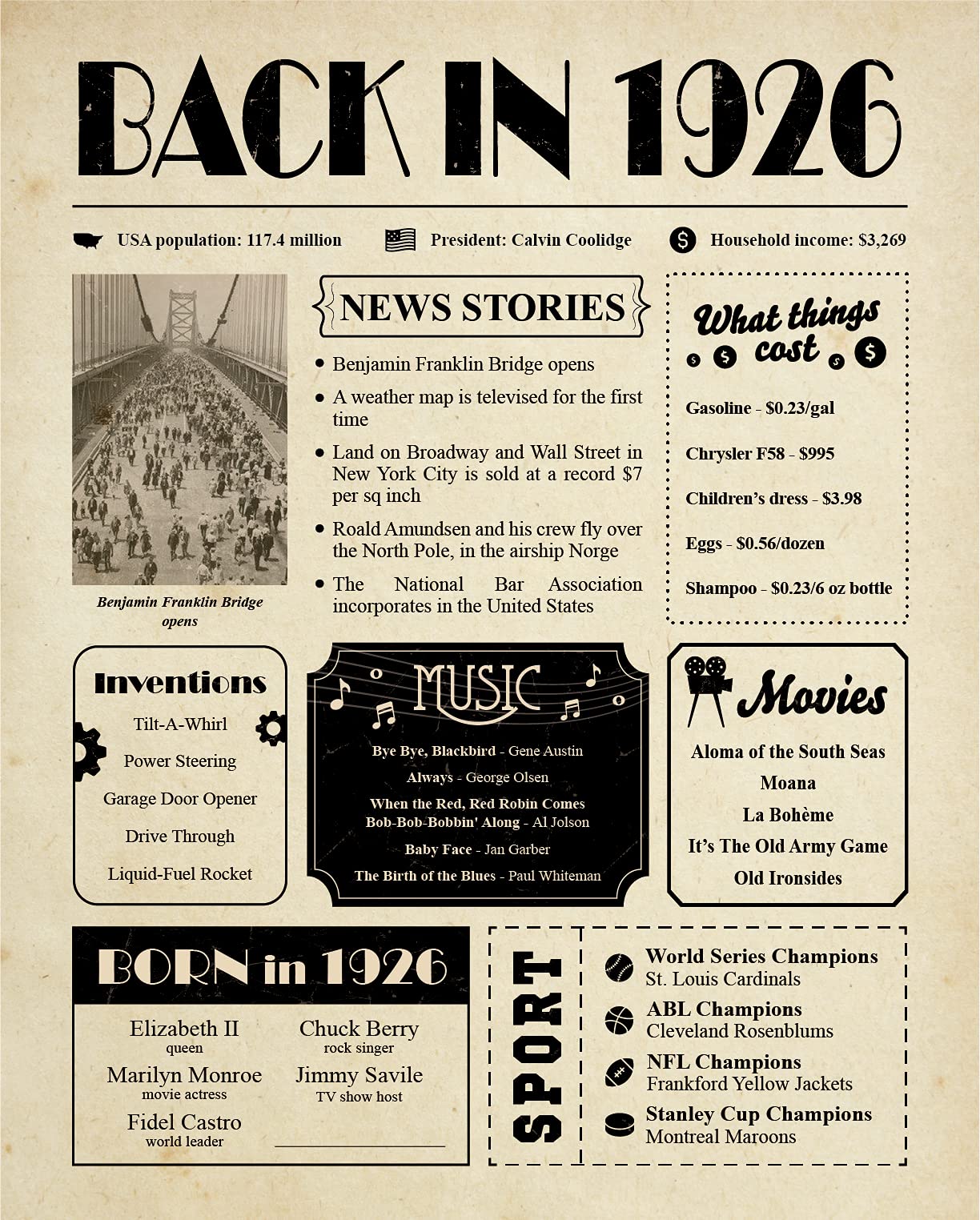 Ideas 99th Birthday Gifts for Women and Men - 99th Birthday Card for Her and Him - 99 Birthday Decorations - 1926 Birthday Gifts for Man and Woman - 99 Birthday Party Favors - 8x10" Unframed