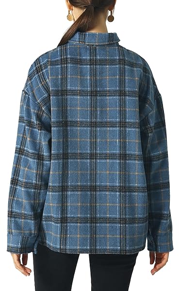CHOUYATOU WOMEN’S WESTERN STYLISH LONG SLEEVE BUTTON DOWN OVERSIZE PLAID FLANNEL SHACKET SHIRT JACKET (BLUE, XX-LARGE)