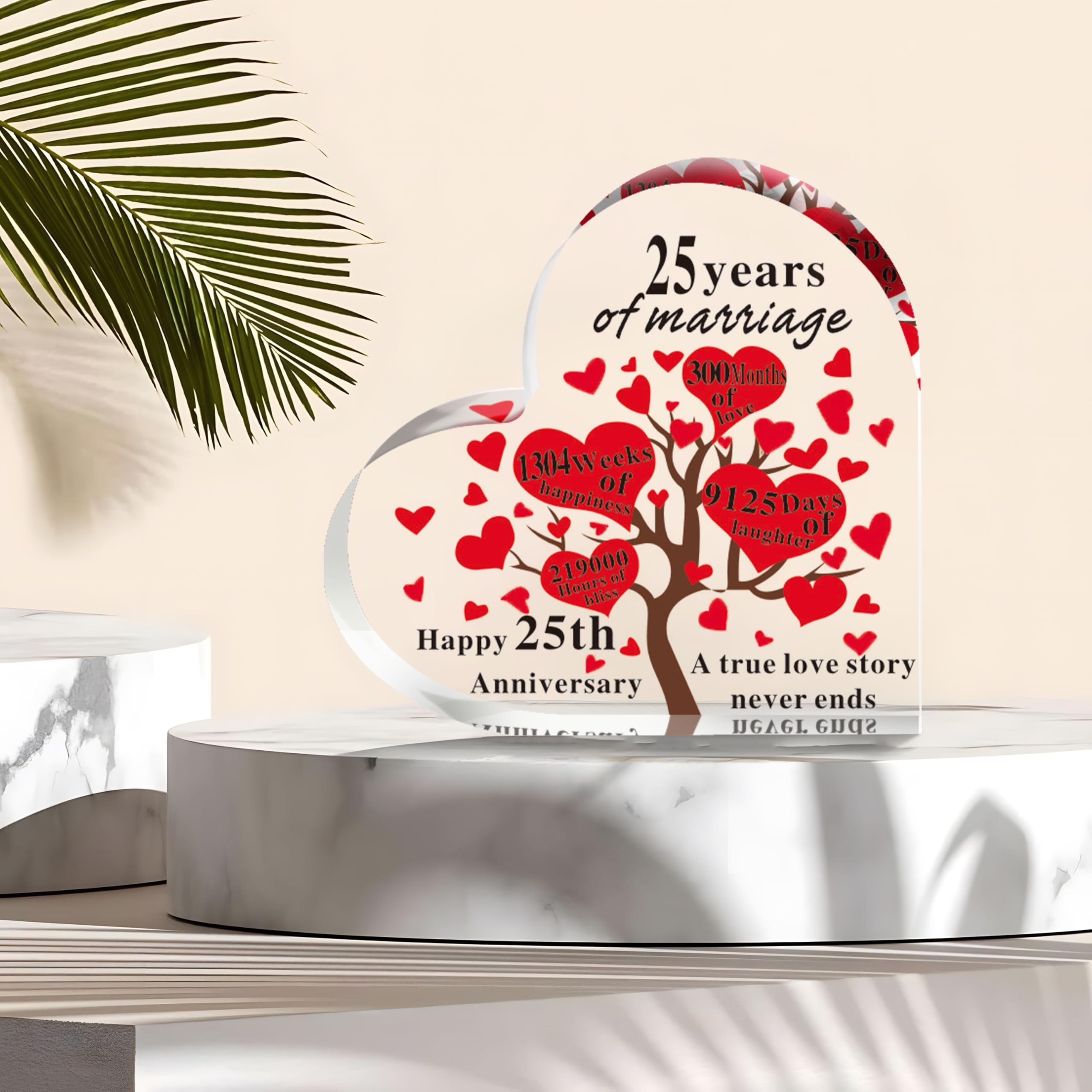 25th Wedding Anniversary Heart Shaped Acrylic Plaque Present with Sayings Ornament for Wife Loved Special One Men Women Couple Parents Gift Souvenir Marriage Keepsake Home Decoration