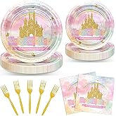 Avezano 96 PCS Princess Birthday Party Decorations Rainbow Gold Castle Plates Napkins Tableware Set for Girls Birthday Party Supplies, Serves 24