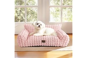 blunique Cute Small Dog Couch Bed – Supportive & Fluffy Pet Sofa with Faux Rabbit Fur Washable Cover in 3D Diamond Pattern, 30" Pink
