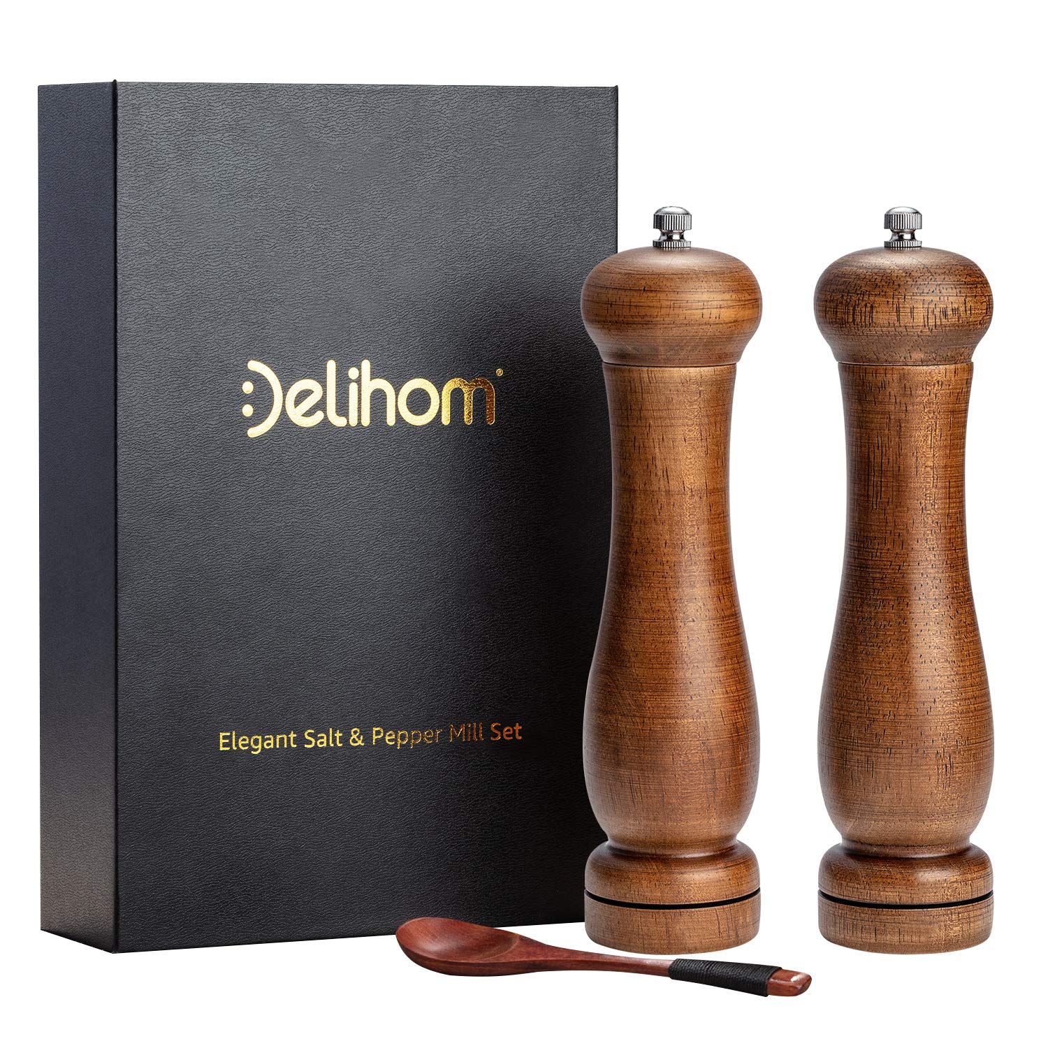 Delihom Wooden Salt and Pepper Grinder Set Antique Oak Wood Salt Mill Pepper Grinder Adding Spoon in Elegant Gift Box -Pack of 2