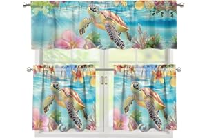 YUVAMAGIMO Tropical Flower Turtle Country Kitchen Curtains Set 3-Piece - Tab Top Tier Panels 24"x54", Small Window Treatment for Farmhouse Bathroom