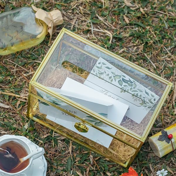 NCYP SMALL 9.8″ X 5.6″ X 7.7″ GLASS WEDDING CARD BOX WITH SLOT AND LOCK – BIRTHDAY PARTY RECEPTION, INDOOR TABLETOP CENTERPIECE, GOLD DECORATION – SLOT LENGTH 7.1 INCHES (GLASS BOX ONLY)