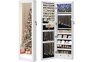 SONGMICS 6 LEDs Mirror Jewelry Cabinet, 47.2-Inch Tall Lockable Wall or Door Mounted Jewelry Armoire Organizer with Mirror, 2 Drawers, Christmas Gift, 3.9 x 14.6 x 47.2 Inches, White
