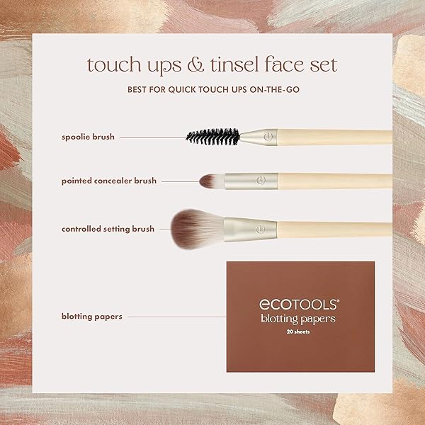 ECOTOOLS LIMITED EDITION TOUCH UPS & TINSEL FACE KIT, MAKEUP BRUSH SET FOR POWDER, CONCEALER, & BROWS, CONTROL OIL WITH BLOTTING PAPERS, ECO-FRIENDLY MAKEUP TOOLS, CRUELTY-FREE, 4 PIECE GIFT SET