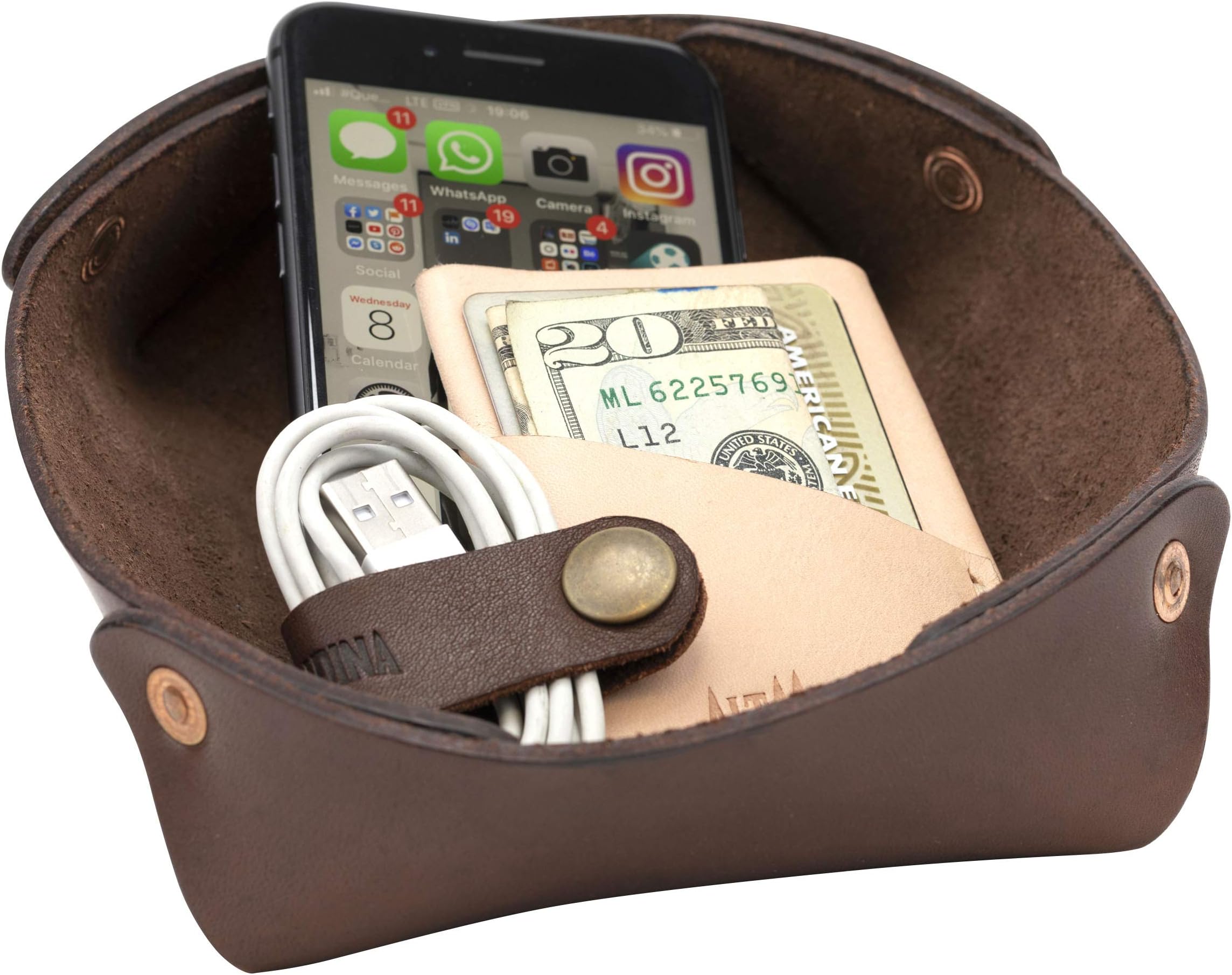 Alta Andina Leather Catchall | Vegetable Tanned Leather Valet Tray | Nightstand & Dresser Organizer | Jewelry Tray for Women & Men (Brown – Café)