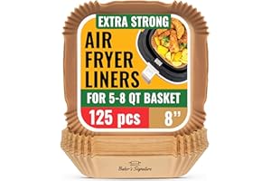 Air Fryer Paper Liners, 125Pcs Air Fryer Disposable Liners, Non-Stick and Oil Proof for Easy Cleanup, 8” Square for 5-8 qt Basket by Baker's Signature