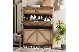 Halitaa Shoe Cabinet with 2 Flip Drawers & 2 Drawers,Farmhouse Shoe Storage Cabinet for Entryway,Slim Freestanding Narrow Organizer Rack for Front Door Entrance,Rustic Oak Rattan