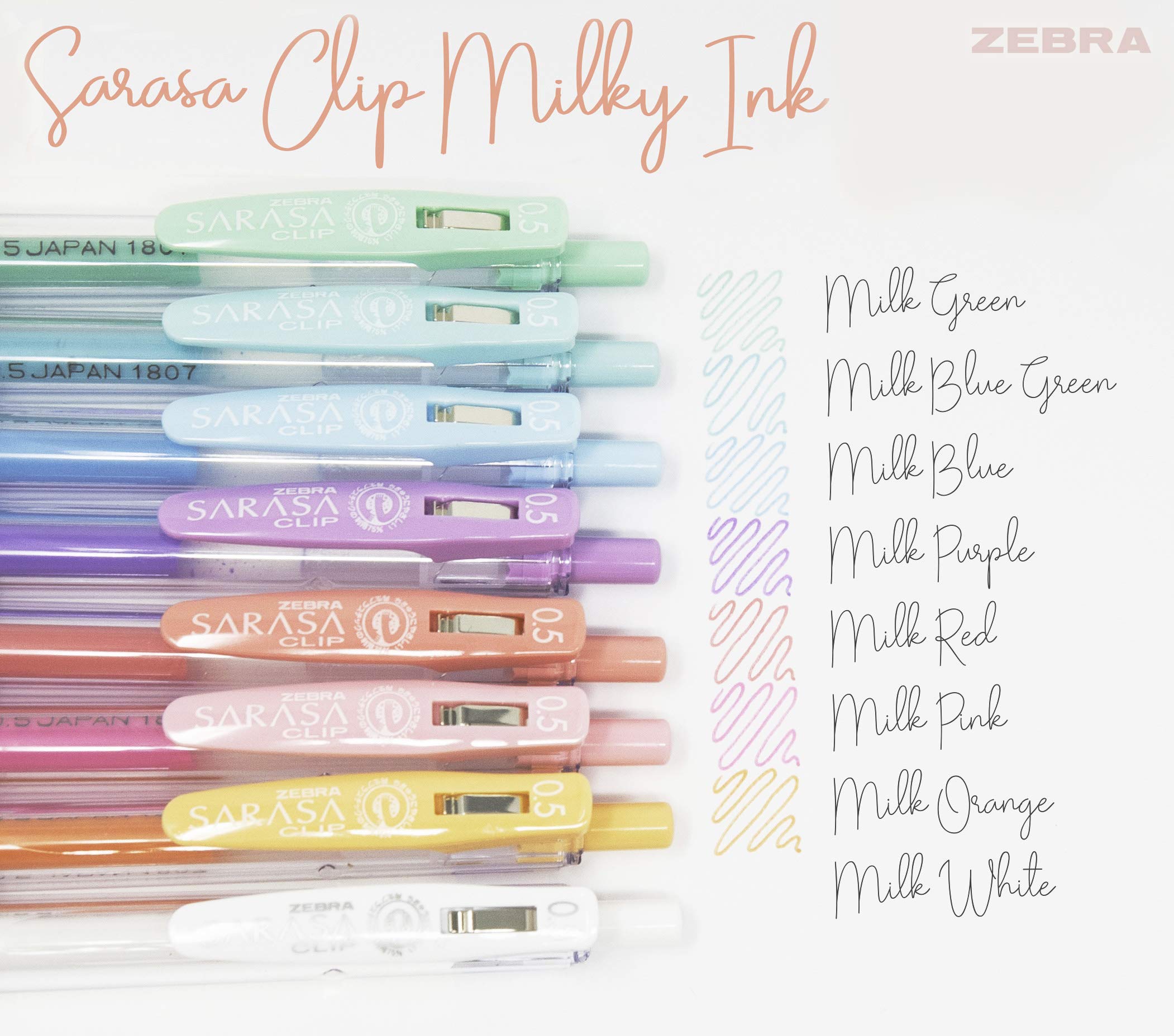 Zebra Pen Sarasa Clip Retractable Gel Pen, Fine Point, 0.5mm, Milk Assorted Colors, 8-Pack (48908)