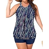 Women Plus Size Tankini Swimsuits with Shorts Tummy Control Two Piece Blouson Bathing Suits High Neck Swimwear