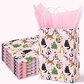 JarThenaAMCS 16Pcs Pink Christmas Paper Bags with Tissue Paper Cute Cats Gift Bag with Handle Candy Goodie Treat Bags for Winter Birthday Baby Shower Party Favor Supplies