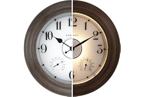 CLXEAST 24 Inch LED Illuminated Outdoor Clocks Waterproof with Thermometer & Hygrometer, Large Lighted Metal Wall Clock with Smart Night Light Sensor,Grey Oak Finish,House Warming Gifts New Home