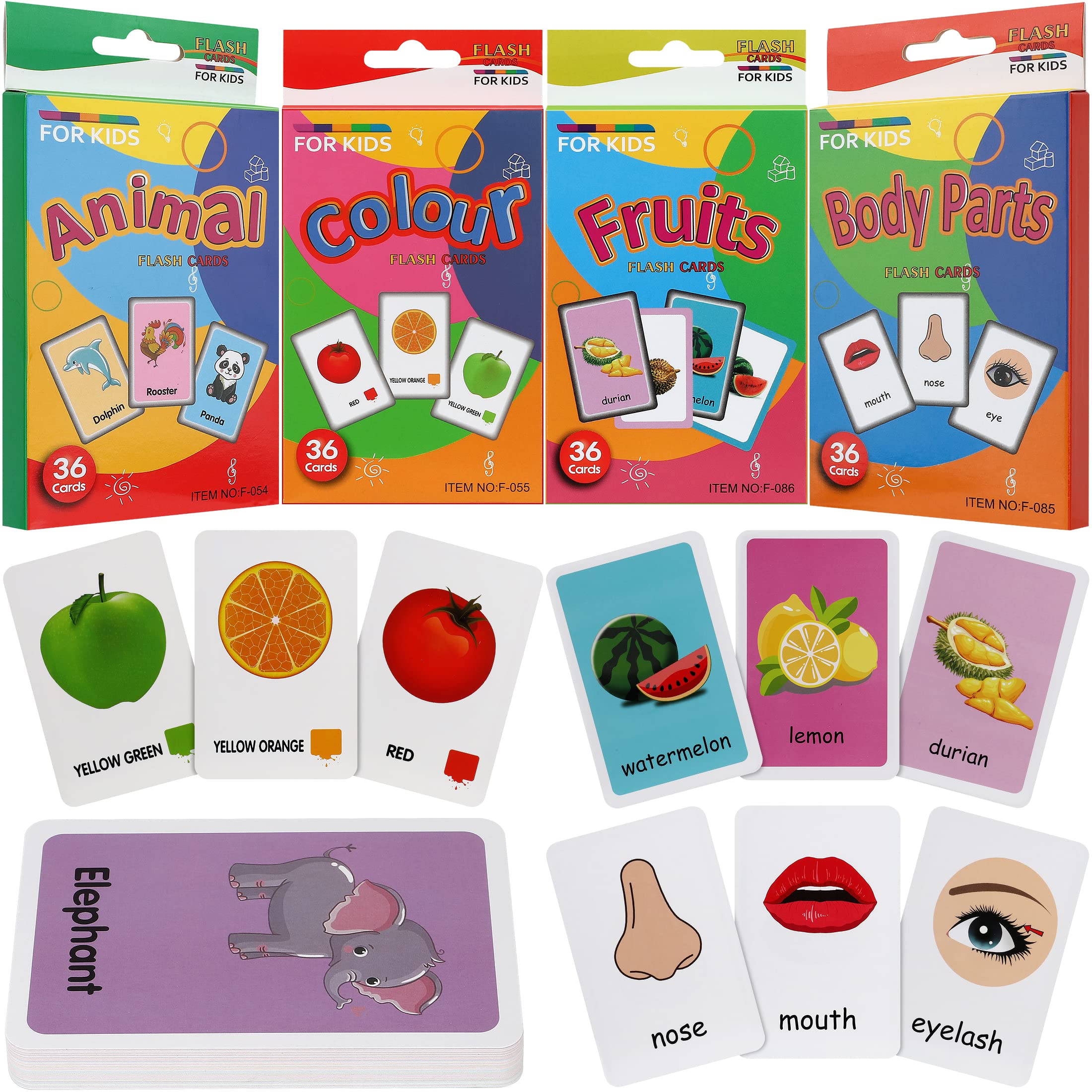 Leyun Kids Flash Cards - Early Learning Set for Toddlers Age 2-4, 4 Pack-144pcs Animals, Fruits, Body Parts & Colors