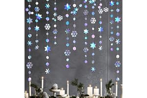 PINKBLUME Clearance 52Ft Winter Wonderland Party Decoration Iridescent Snowflake Garland Holographic Paper Snowflake Streamer for Winter Onederland Christmas Frozen Birthday Wedding Bridal Shower Party Supplies