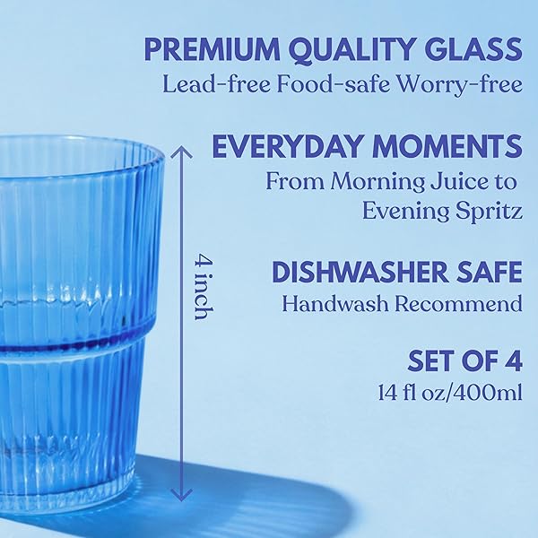 ELEMENT LABS RIBBED DRINKING GLASSES SET OF 4 – STACKABLE GLASS CUPS FOR KITCHEN – ICED COFFEE, WATER, JUICE & MOCKTAILS – AESTHETIC WATER TUMBLERS ELEGANT HOSTESS GIFTS HOME ESSENTIALS (14 FL OZ)