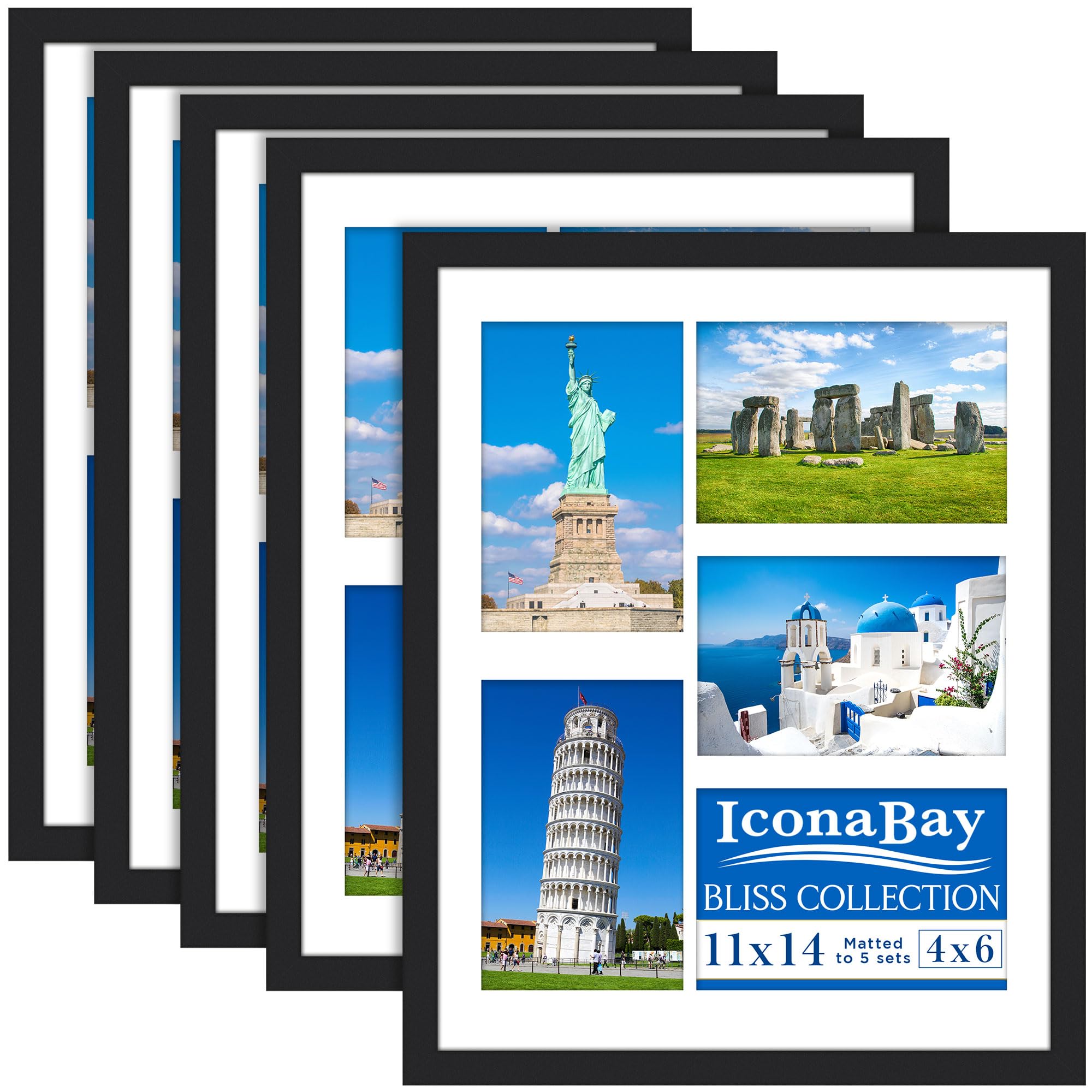Icona Bay - 14x11 Collage Picture Frames with Removable Mat for Five 6x4 Photos - Black, 5 Pack - Modern Style Wood Composite Frames - Wall Mount Only - Bliss Collection