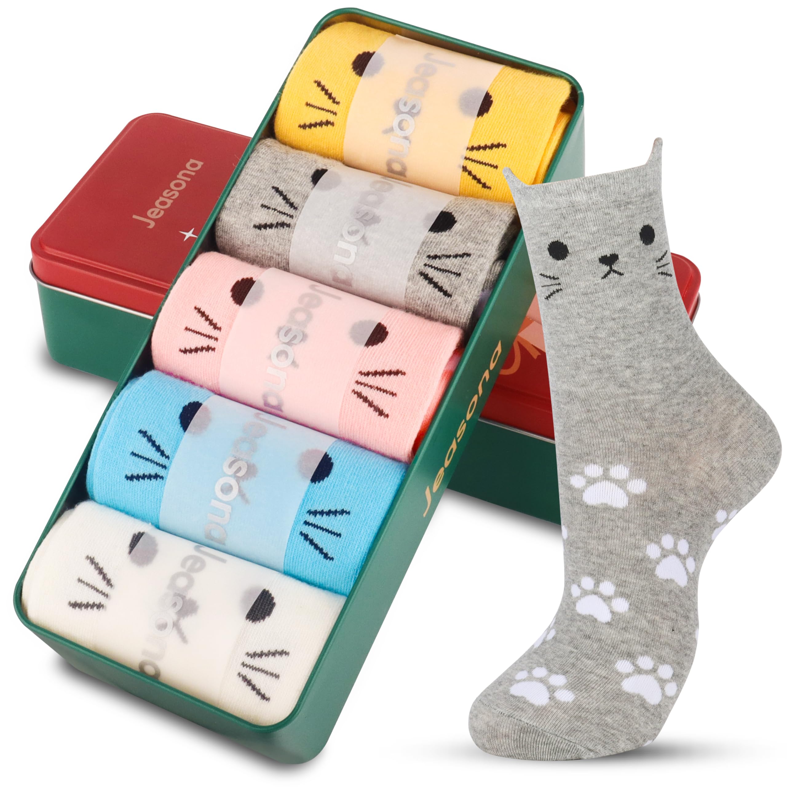 Jeasona 5 Pairs Cat Socks for Women 4-7 Cotton, Gifts for Cat Lovers Birthday Gifts for Mum Her Girlfriend Christmas Gifts