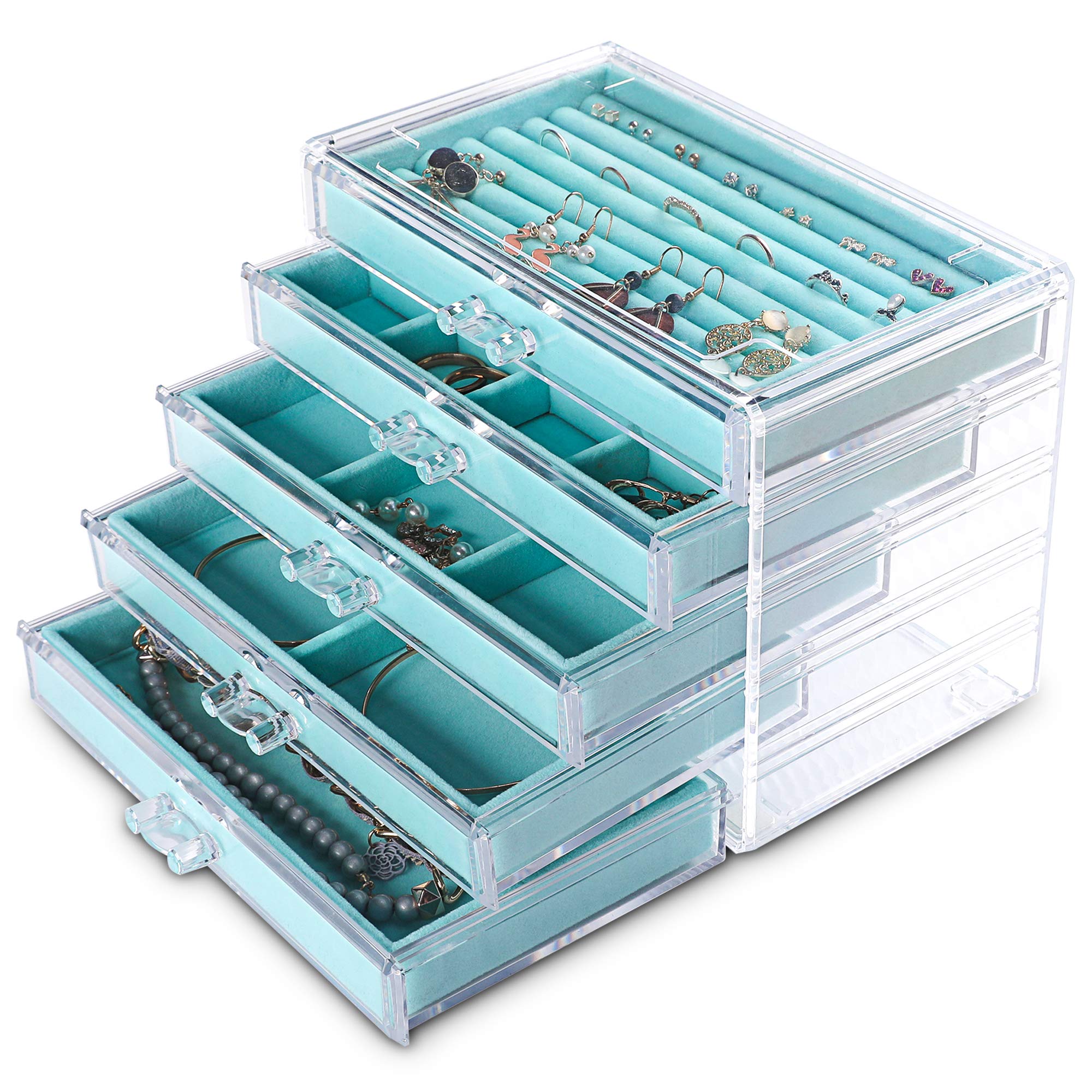 Photo 1 of Frebeauty Extra Large Acrylic Jewelry Box for Women 5 Layers Clear Jewelry Organizer Velvet Earring Box with 5 Drawers Rings Display Case Necklaces Holder Tray for Women Girls (Turquoise)